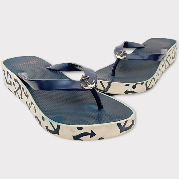 Brighton Shoes - Brighton Womens Sandals Ahoy Anchor Print Nautical Blue White Flip Flops Size 9
